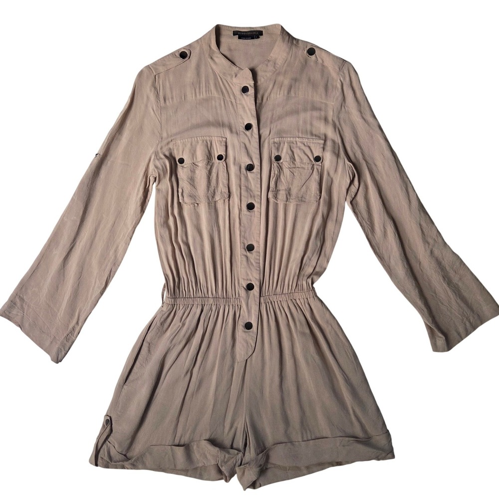 BCBGMAXAZRIA Womens Tan Summer Utility Romper Military Safari Button Front Small